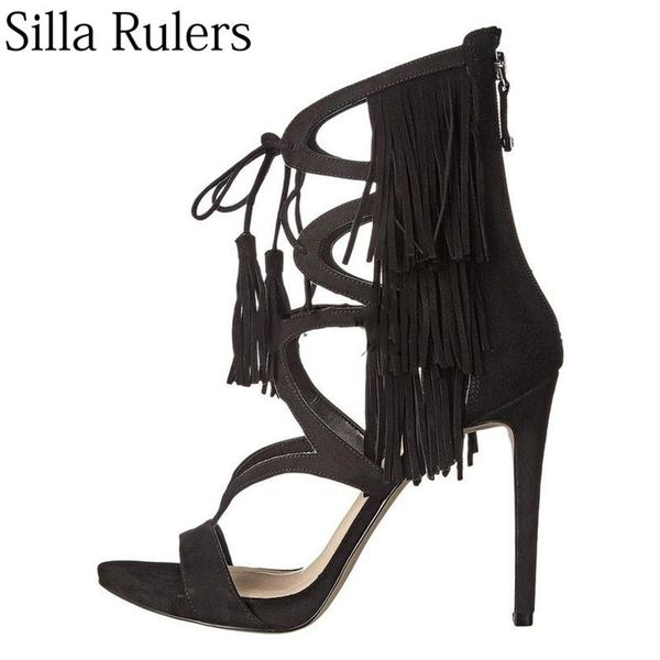 

summer fringe peep toe sandals woman super high heel suede women t show gladiator, Black