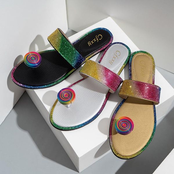 

flip-flop sandals women summer flat slippers rainbow gradient rhinestones casual beach shoes plus size 42, Black