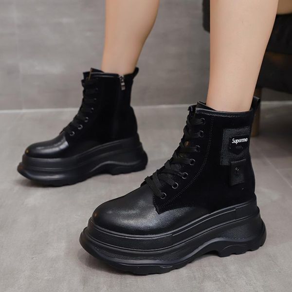 

boots 2021 autumn women wedge heels platform shoes fashion casual lace up winter ankle booties, Black