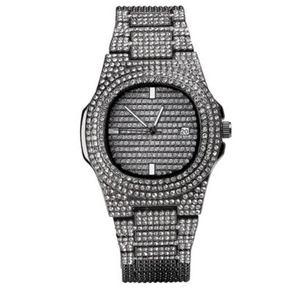 

popular 300klab watch special hip hop rap men's full water diamond zirconium quartz calendar steel band watch, Slivery;brown