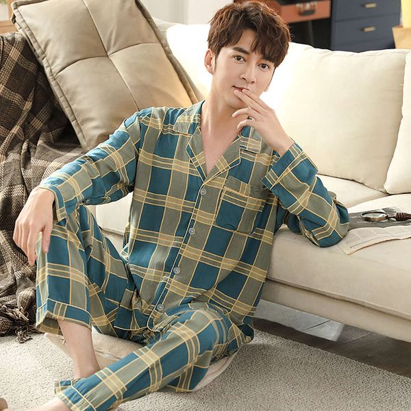 

herfst katoen pajamas lent for men casual long mouwen plaid sets thin breathing plus size men's clothing home, Black;brown