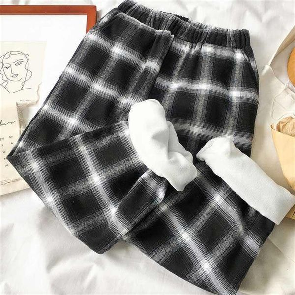 

fashion black white plaid womens pant cashmere straight winter warm fleece casual female harem ankle length jogger