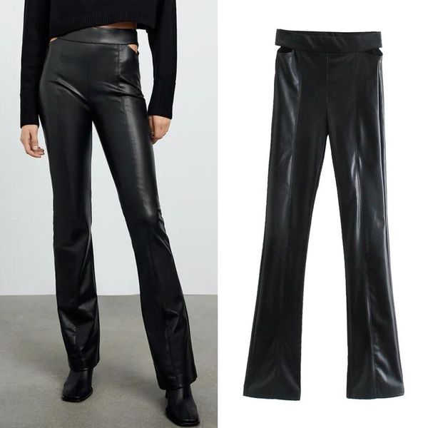

women's pants & capris za 2021 faux leather black woman high waist leggings for women cut out streetwear y2k fashion tights trousers, Black;white