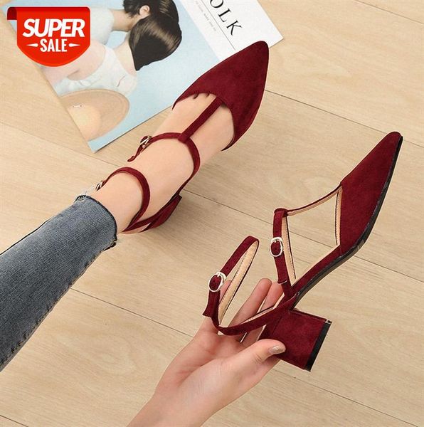 

high-heeled shoes women's baotou thick-heeled suede single t-strap hollow sandals large size #ac0q