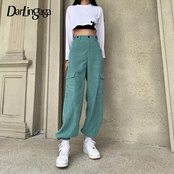 

darlingaga korean casual loose cargo pants women solid pockets streetwear baggy trousers ladies corduroy joggers pantalon women's & cap, Black;white