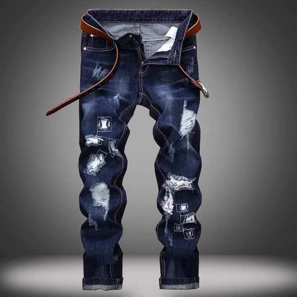 

european and american fashion men s ripped jeans high-quality comfortable fashion casual personality distress pants street party, Blue