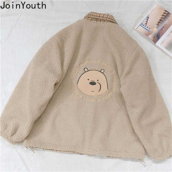 

joinyouth winter jackets clothes women plaid coat woman embroidery bear thicked outwear wear on both sides lamb wool jacket 211014, Black;brown