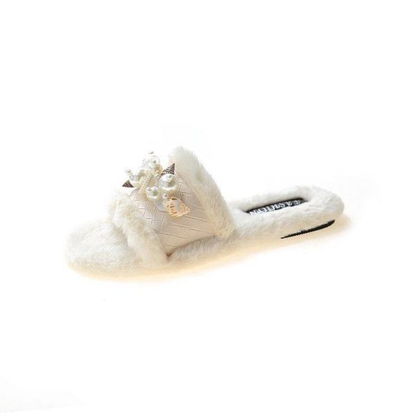 

women's autumn and winter korean fashion wears rhinestones drags flat hair sandals slippers furry slides fur, Black