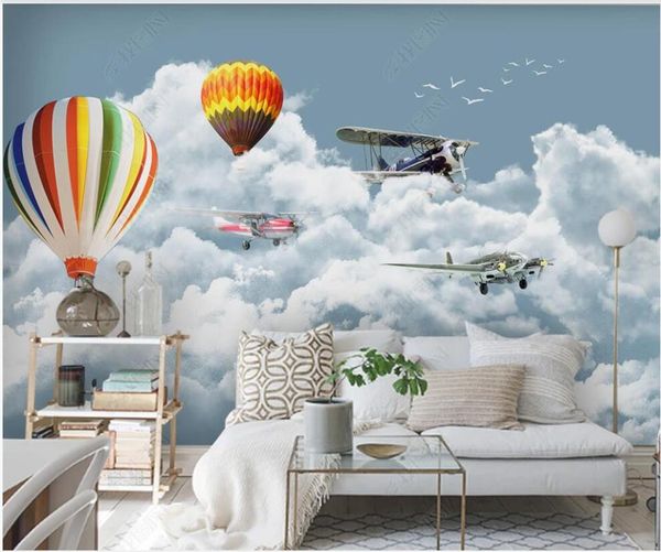 

wallpapers 3d wallpaper modern blue sky and white clouds airplane balloon children's room home decor custom po on the wall