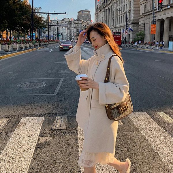 

women's wool & blends overcoat 2021 autumn winter show thin medium length loose knitted double faced fluffy coat sweater female thick, Black
