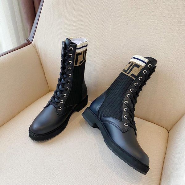 

brown ff zucca cuff knitted sock-like flats ankle biker boots booties for women rockoko stretch-knit and leather combat luxury designer shoe, Black