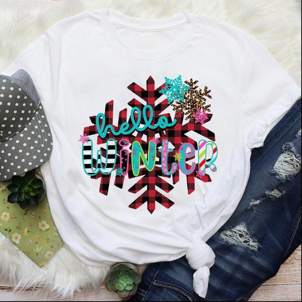 

women t shirt plaid snowflake clothing fashion 90s holiday merry christmas print lady female graphic tees clothes, White