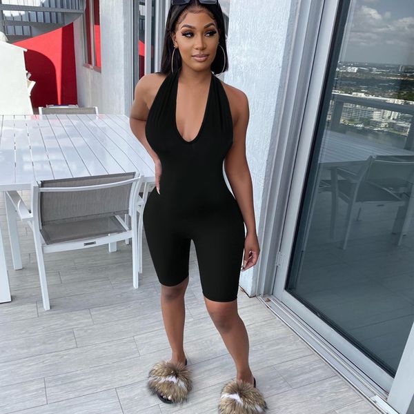 

1 piece solid color jumpsuit sleeveless backless fashion female o neck women fitness short pant spring summer sportwear, Black;white