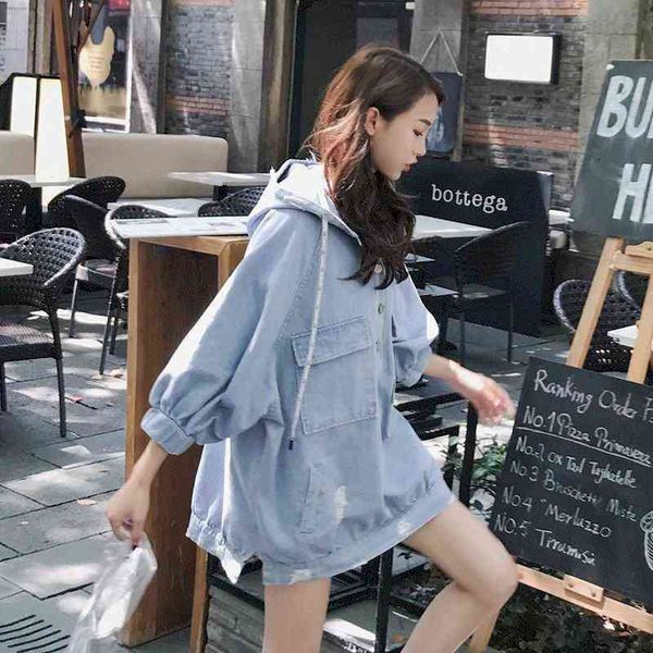 

women's denim hoodies 2021 spring autumn new loose korean mid-length wild hooded bat-shaped student fire jacket, Black