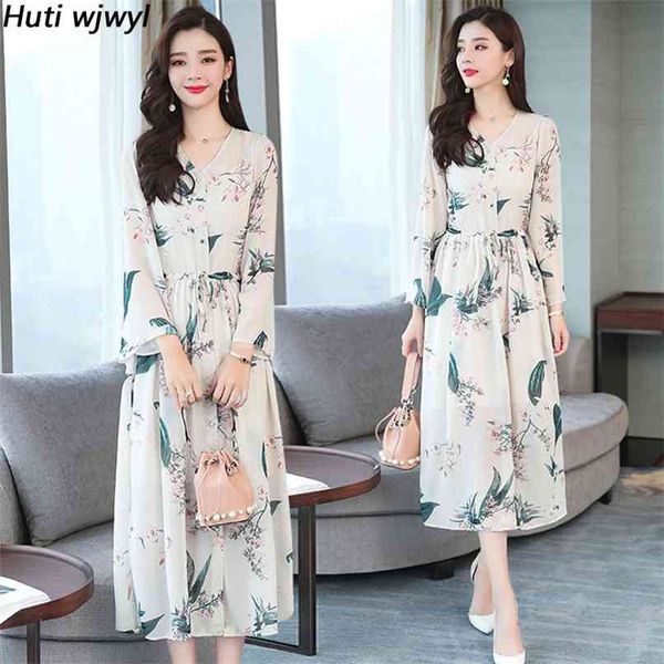 

korean vintage plus size boho midi dresses summer floral chiffon beach sundress elegant women full sleeve party vestido 210528, Black;gray