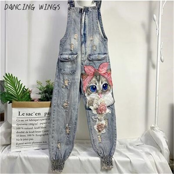 

women print cartoon cat denim jumpsuits rompers overalls hole loose beaded jean pants female casual long pants, Black;white