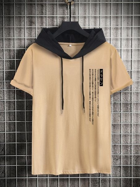 

men japanese letter graphic colorblock drawstring hooded tee j7a9#, White;black