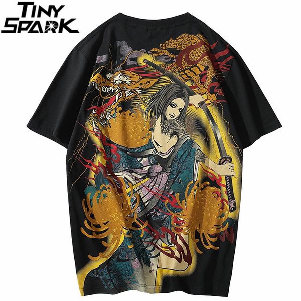 

men's t-shirts men hip hop streetwear t-shirt girl warrior chrysanthemum dragon print t shirt 2021 harajuku cotton short sleeve tshirt, White;black