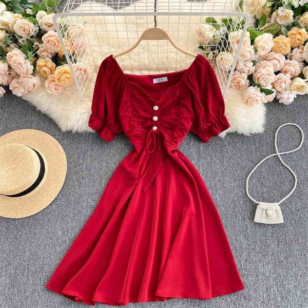 Mulheres Fashion Sexy Desenhar Corda Dobra Fungo Doce Duck Decote V-Decote Slim Manga Curta Mini Uma Linha Vestido Verão Color Sólido Vestidos S182 210527