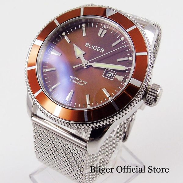 

46mm bliger coffee iron plate automatic men's watch rotating bezel mental band mingzhu/miyota movement, Slivery;brown