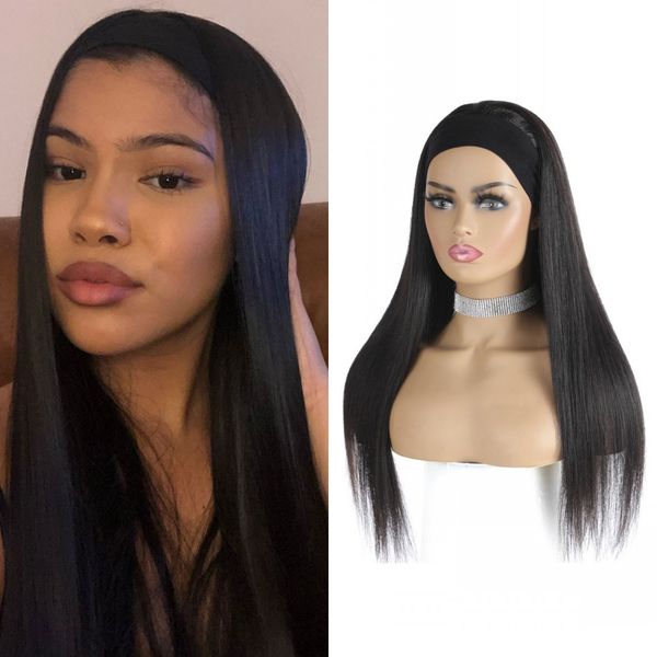 

brazilian straight headband wigs human hair machine made wig for black women natural color 150% density, Black;brown