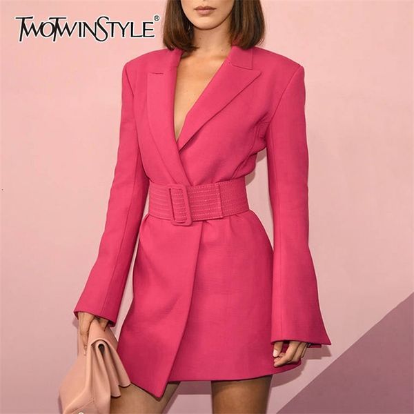 

flare sleeve long notched collar rose pink blazer dress with belt office lady women mini dresses autumn 210520, Black;gray