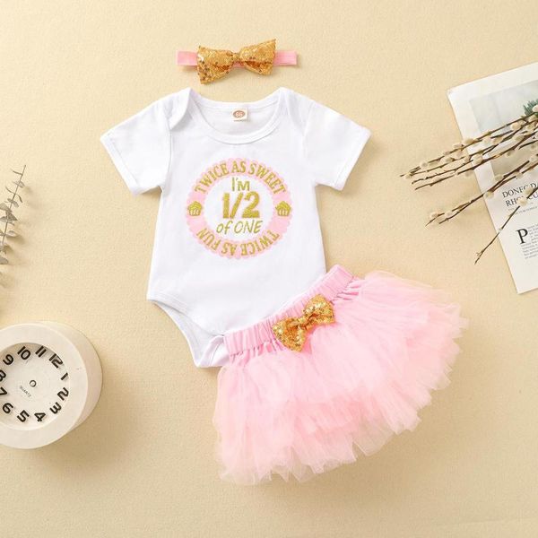 

clothing sets born infant baby girls letter birthday romper +tutu skirt+hairband spring summer casual, White