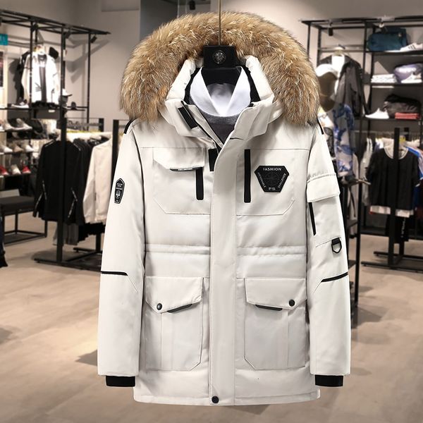 

men's jackets winter white duck coat under the men product youth work with short thick tools hood leather collar, Black;brown
