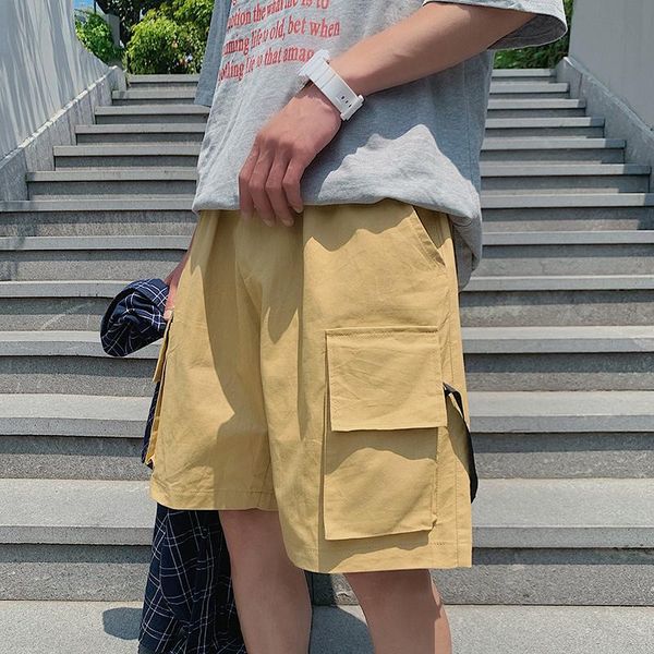 

summer japanese retro multi-pocket tooling five-point pants fashion casual wild loose shorts yellow / black pink men's, White;black