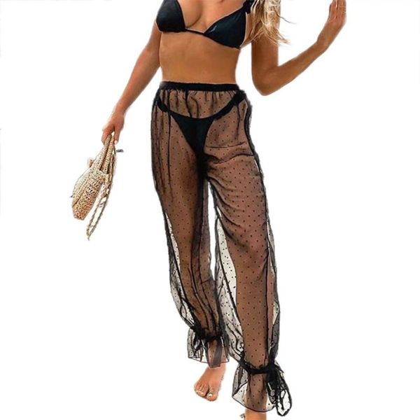 

mesh loose women's long polka dot pattern ruffle beach swimwear see through cover ups pants, White;black