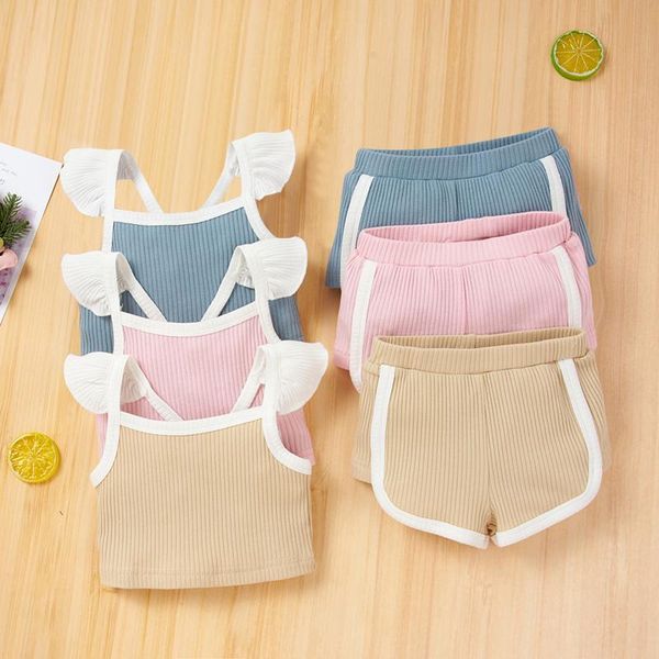 

clothing sets 2021 baby summer casual girls solid color knitted sleeveless ribbed romper + pants 2 pieces short tracksuit, White