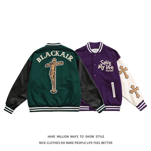 

women's jackets casual wear, multi fabric design, suitable for men and women, baseball jacket, autumn spring jesus embroidery design, Black;brown