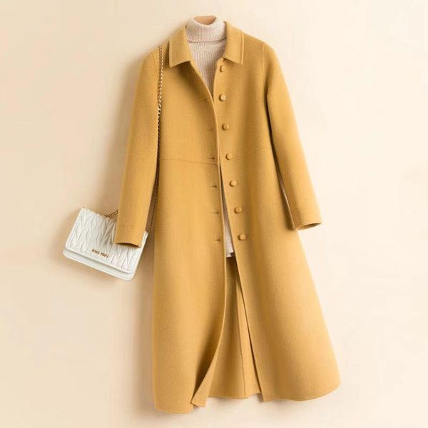 

women's wool & blends women double-sided cashmere coat fall winter mid-long over the knee pure woolen cloth doll collar female outerwea, Black