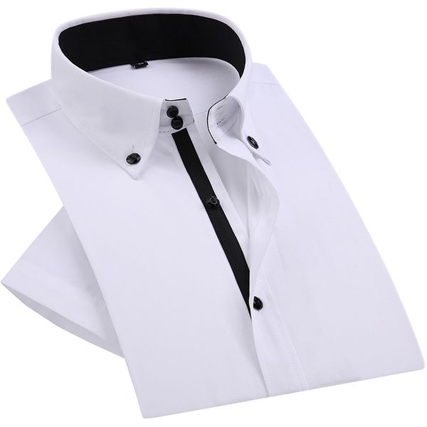 

summer mens dress shirt diamond buttons casual white short sleeve luxury high collar slim fit stylish business 210714, White;black