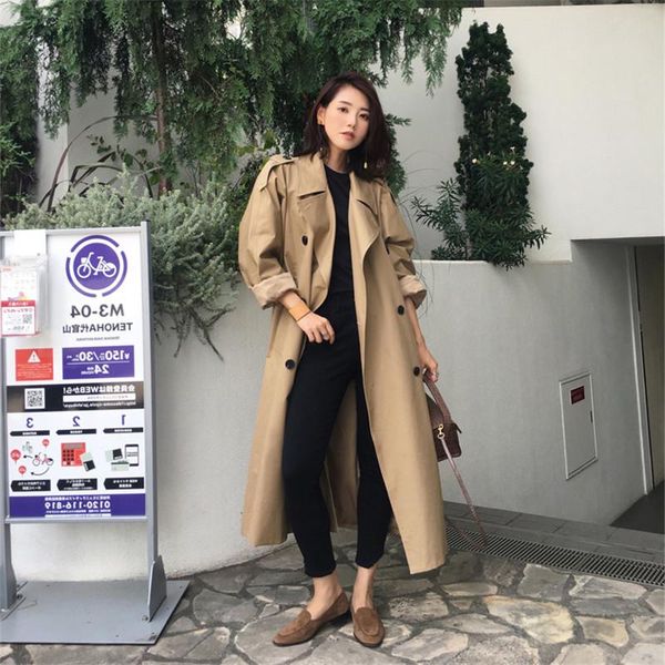 

women's trench coats 2021 fashion solid spring autum coat full sleeve turn-down collar double breasted casual loose outerwear x50, Tan;black