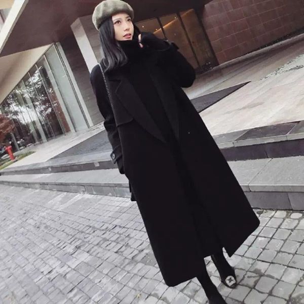 

women's wool & blends black woolen coat women's autumn and winter 2021 hepburn style solid color lapel over-the-knee mid-length rm*