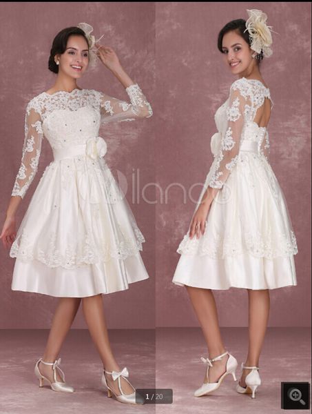 

vintage wedding dresses 1950's short bridal dress beaded lace applique long sleeve keyhole flower sash bride gowns tiered informal rece, White