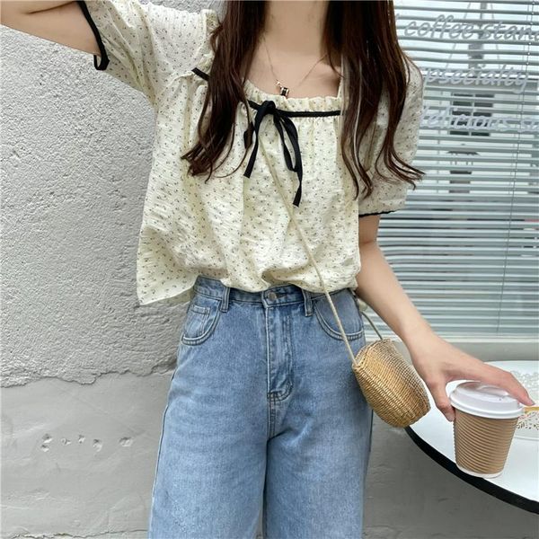 

women's blouses & shirts mori girls summer elegant small floral short-sleeved women 2021 korean sweet short sleeve bandage thin, White