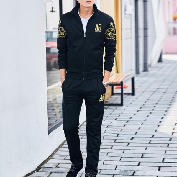 

jogging clothing autumn bronzing printed stand collar sweatshirt pants set 2 pieces long sleeve zipper drawstring warm tracksuit for men, Black;red