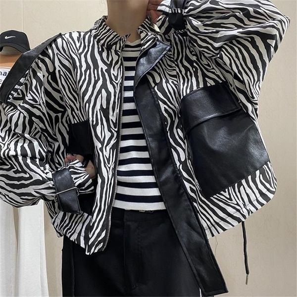 

women's leather & faux autumn black zebra pattern print patchwork pu big pocket jacket loose casual long sleeve female jaqueta feminina
