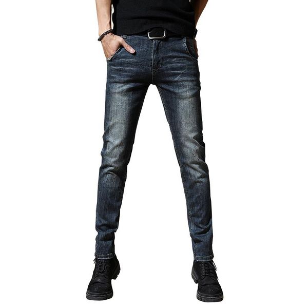 

men's jeans mens dark blue pants denim slim fit elastic casual punk men high street vintage scratched fashion pockets designer