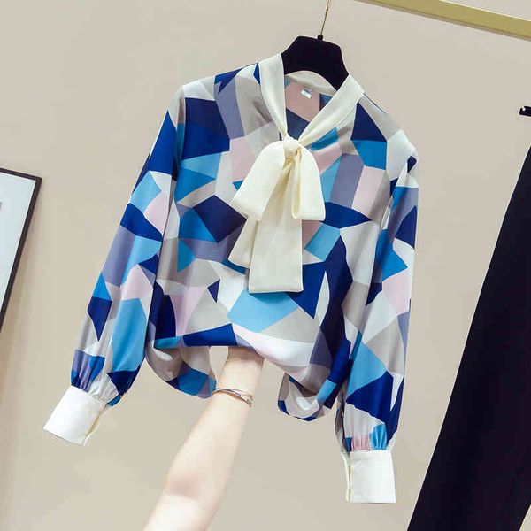 

autumn women's bow collar long sleeves print shirts office ladies shirt ol blouse a3666 210428, White