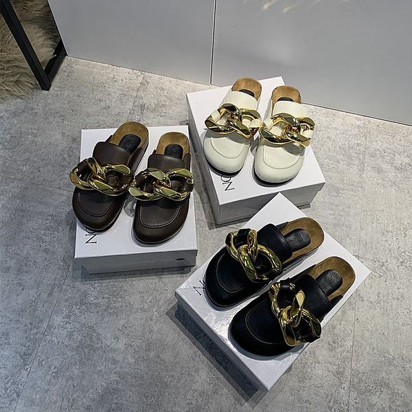 

jw women casual slippers metal chain designer luxury ladys flats summer walk bread shoes scuffs moccasins 35-40, Black