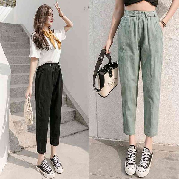 

plus size 3xl vintage cotton linen pants women summer trousers casual elastic waist female ankle-length women's oversized 210603, Black;white