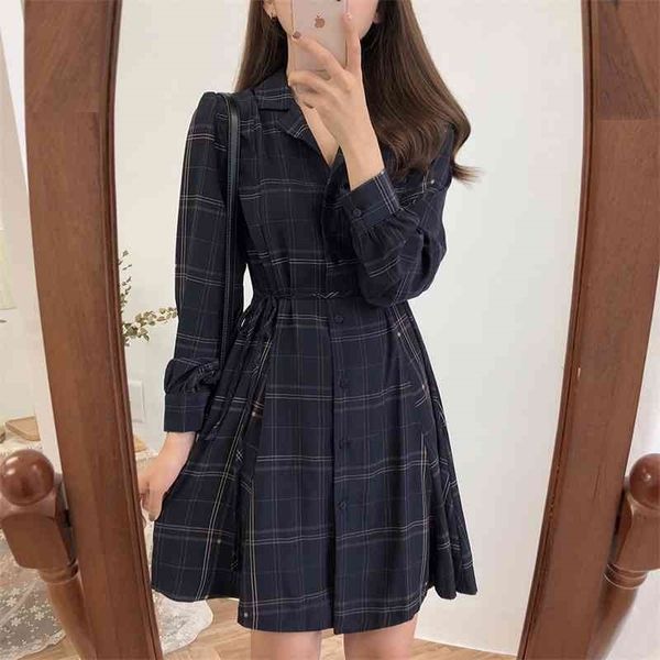 

women dress vintage plaid a-line dresses with belt turndown collar korean style fashion design woman spring summer dress sp204 210325, Black;gray