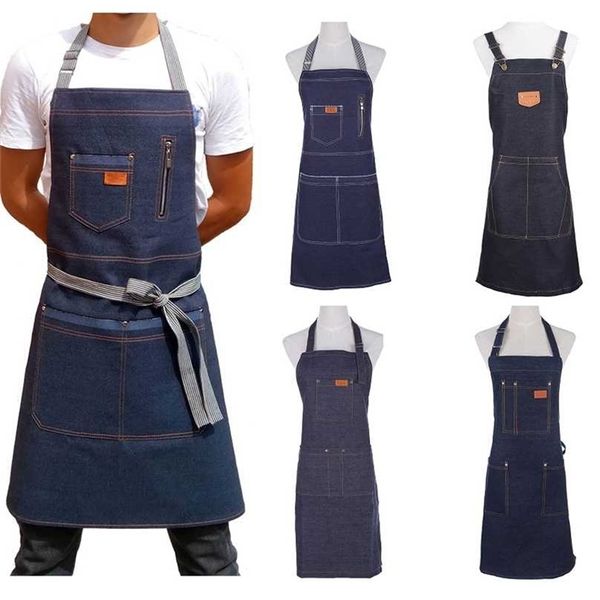 Moda Denim Avental para Cozinheiro Chef Churrasco Com Bolsos Grade Cozimento De Cozimento Aventais Para Homens Cafetaria e Estúdio Macacões 211222