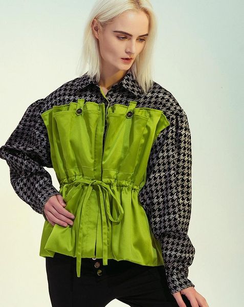 

women's jackets fashion high-quality runway stitching flocking plaid drawstring waist jacket, Black;brown