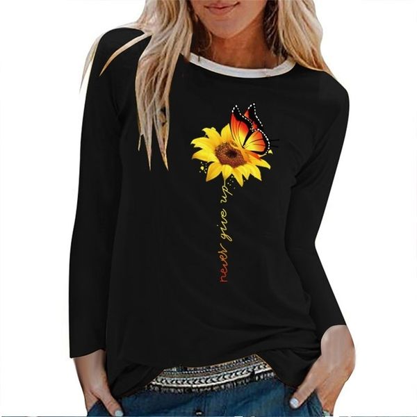 Borboleta de girassol Nunca desista de manga longa impressa t - shirts mulheres outono inverno mulher tshirt algodão estética roupas feminina 210324