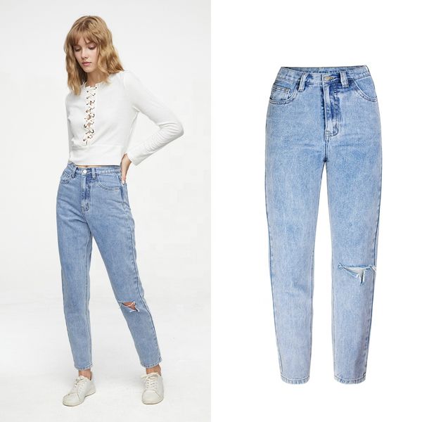 

classic high waist jeans vintage boyfriend for women ripped denim, Blue