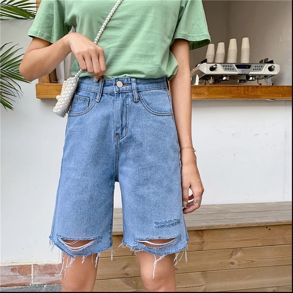 

s 5xl women shorts vintage jeans large size korean hole denim female summer high waist loose straight, White;black